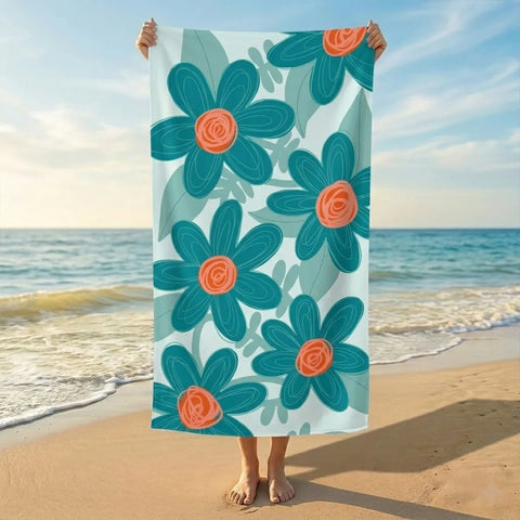 Teal & Coral Retro Floral Beach Towel with Bold Flower Design, Custom Name Personalized Mid-Century Modern Beach Blanket