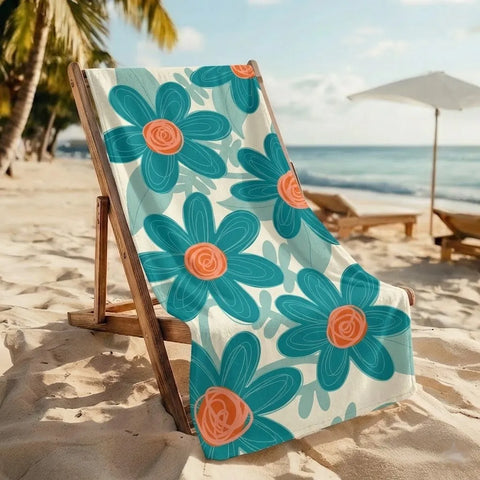 Teal & Coral Retro Floral Beach Towel with Bold Flower Design, Custom Name Personalized Mid-Century Modern Beach Blanket